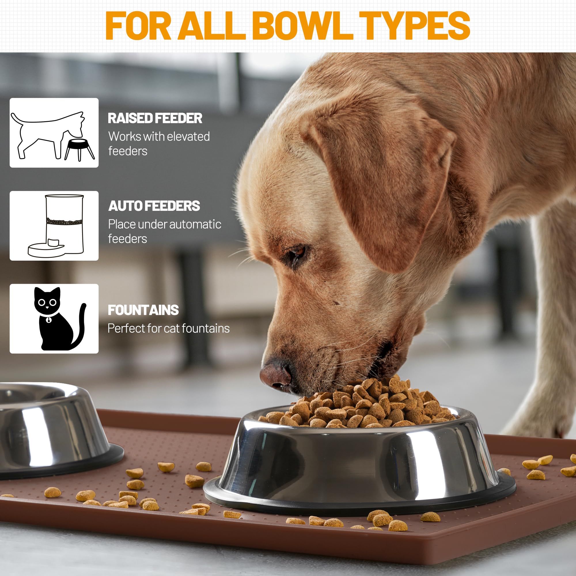 Hubulk under-bowls mat protects floors around fountains and feeders.