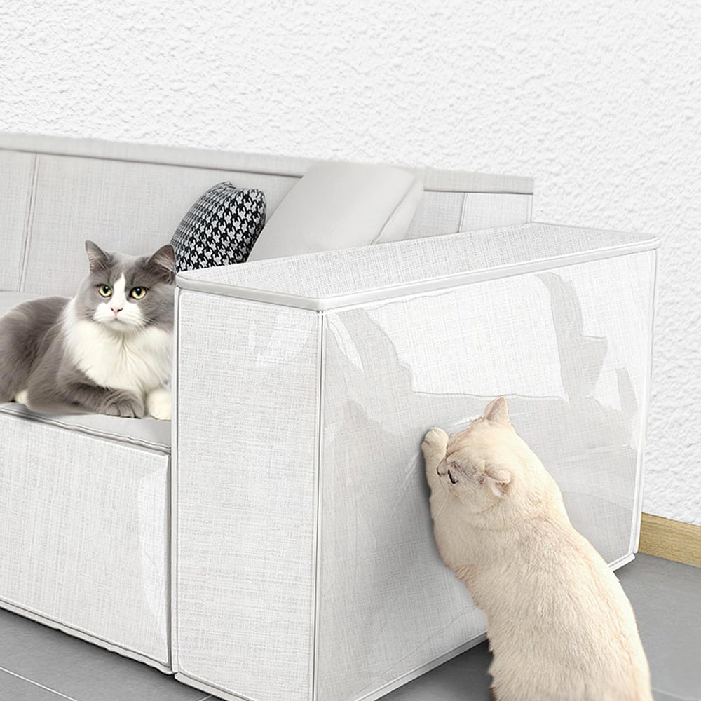 HUDLL waterproof scratch protector on a sofa edge provides clear protection against claws.