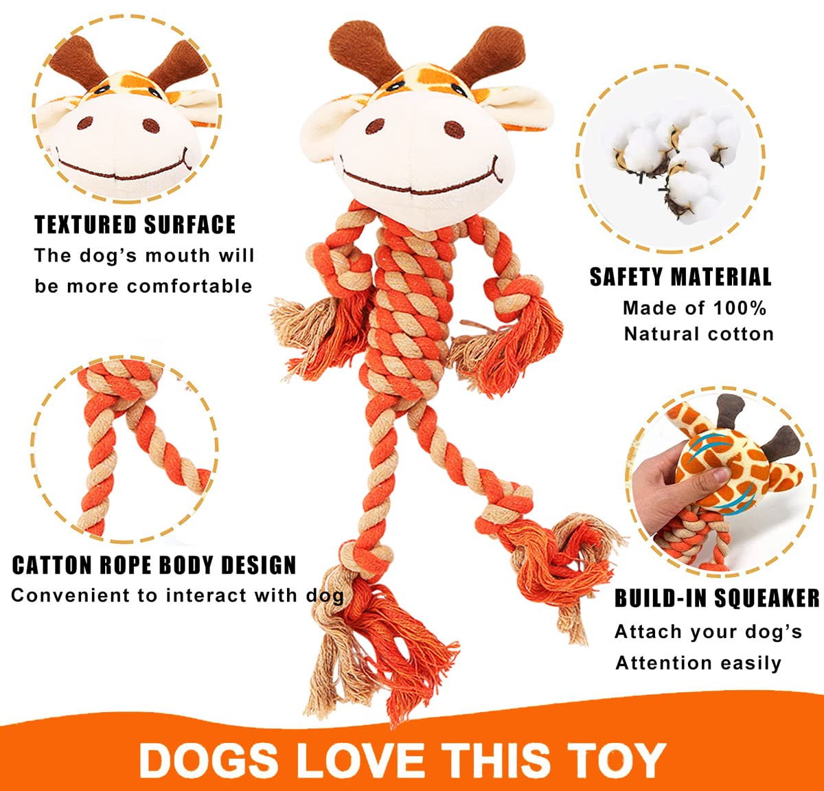 HUGEME rope dog toy squeaky close-up to entice chewing.