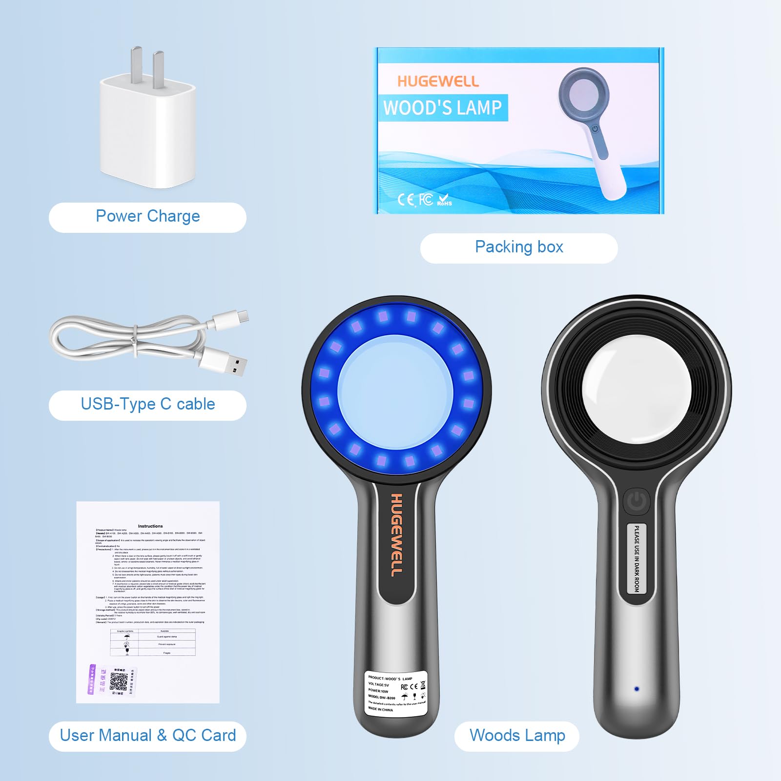 HUGEWELL Wood's Lamp compact, portable design for home or clinic.