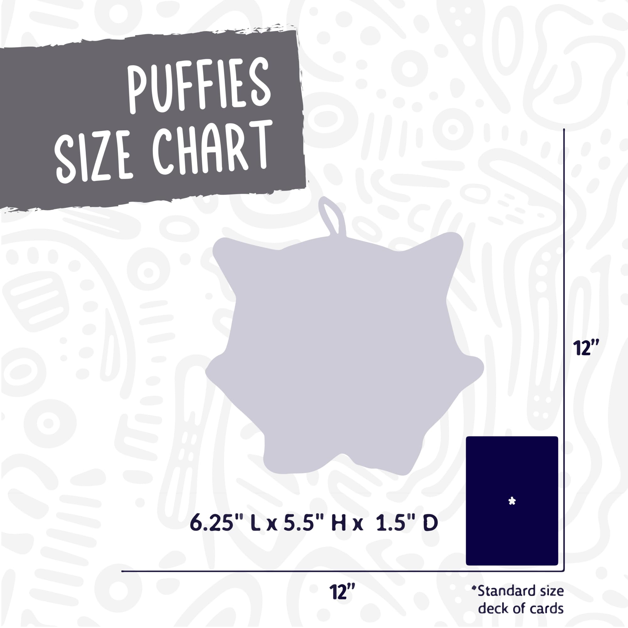 HuggleHounds Puffies size-guide image helps dogs pick right toy
