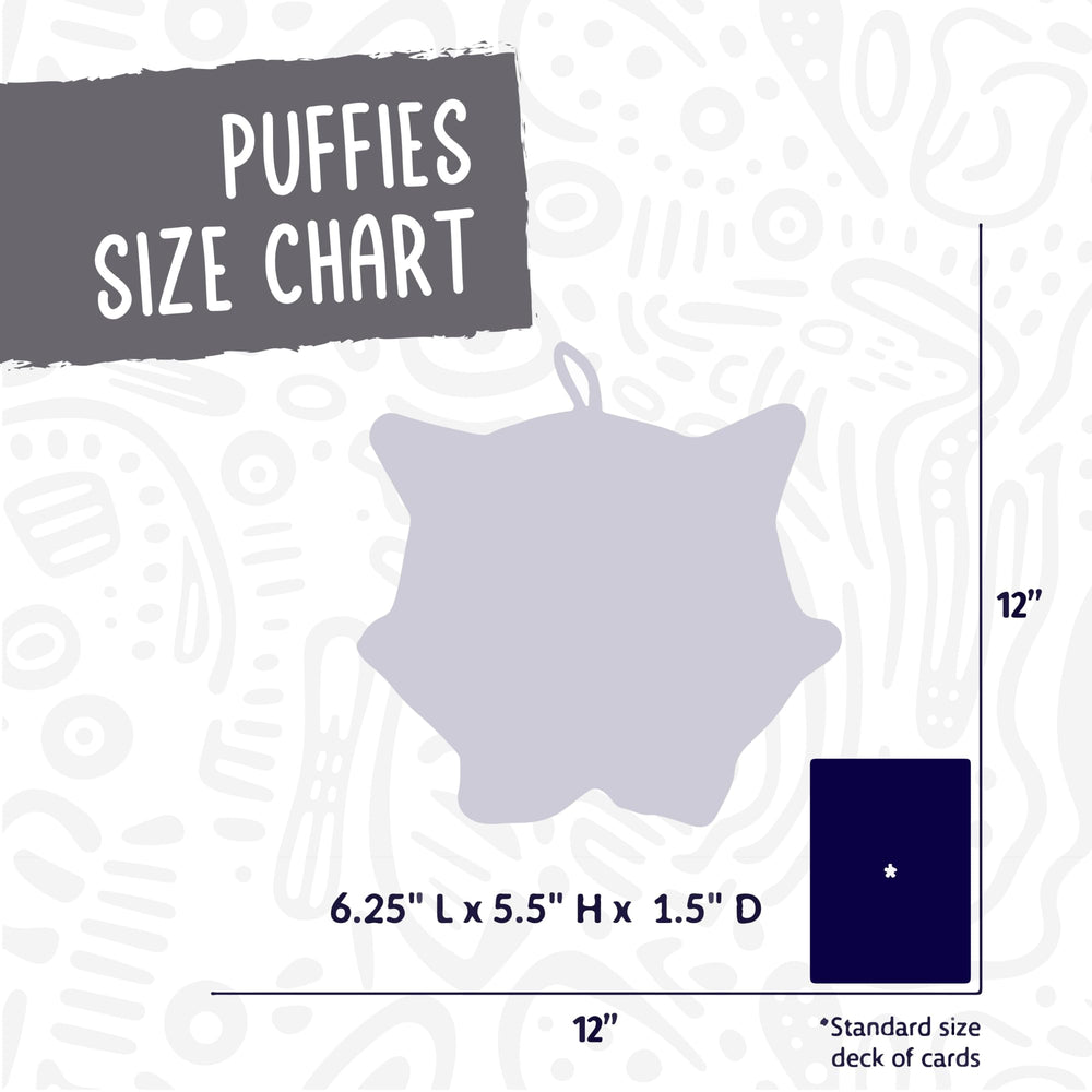 HuggleHounds Puffies size-guide image helps dogs pick right toy