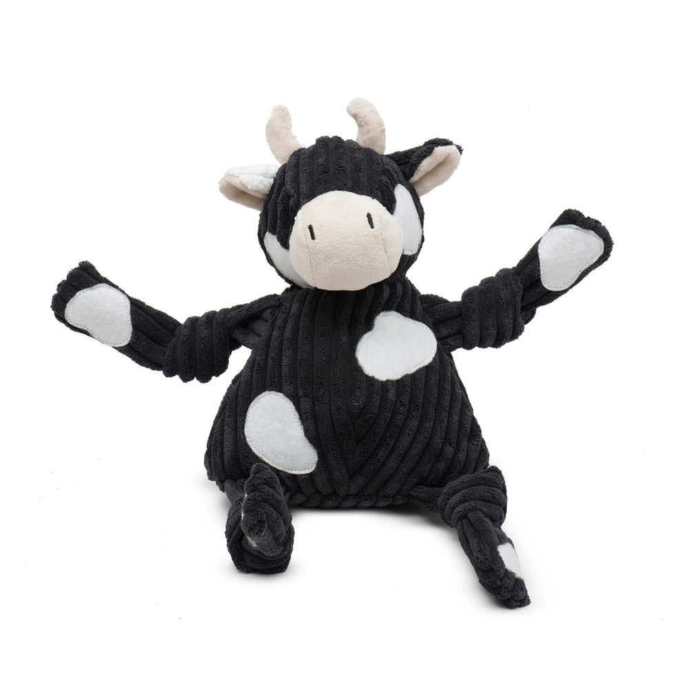 HuggleHounds Angus Cow Knottie front view shows soft plush for cuddly play.