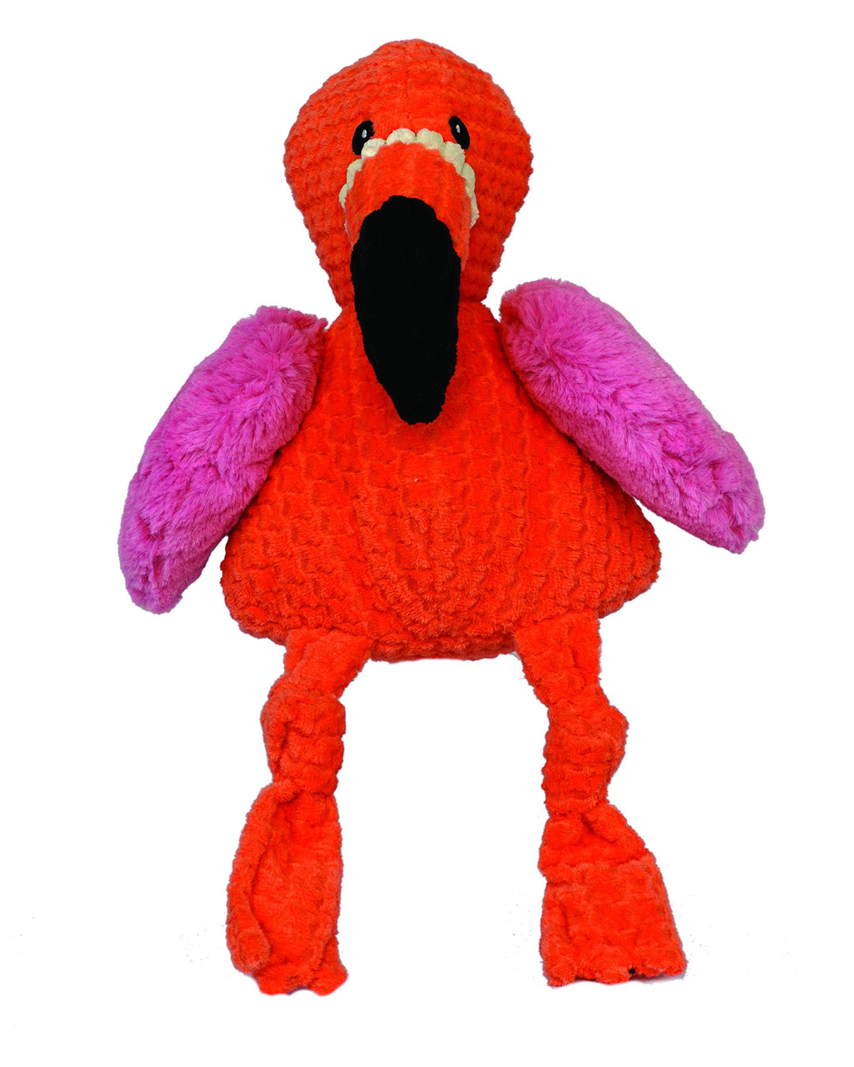 HuggleHounds Knottie Pink Flamingo toy front view—durable plush for extended play.