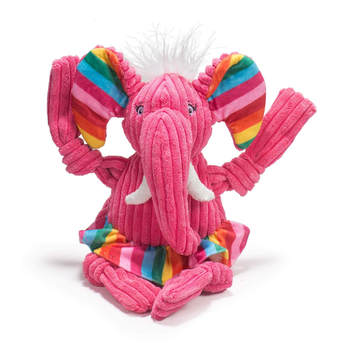 HuggleHounds Knottie Rainbow Elephant large front view, durable squeaky toy for interactive play