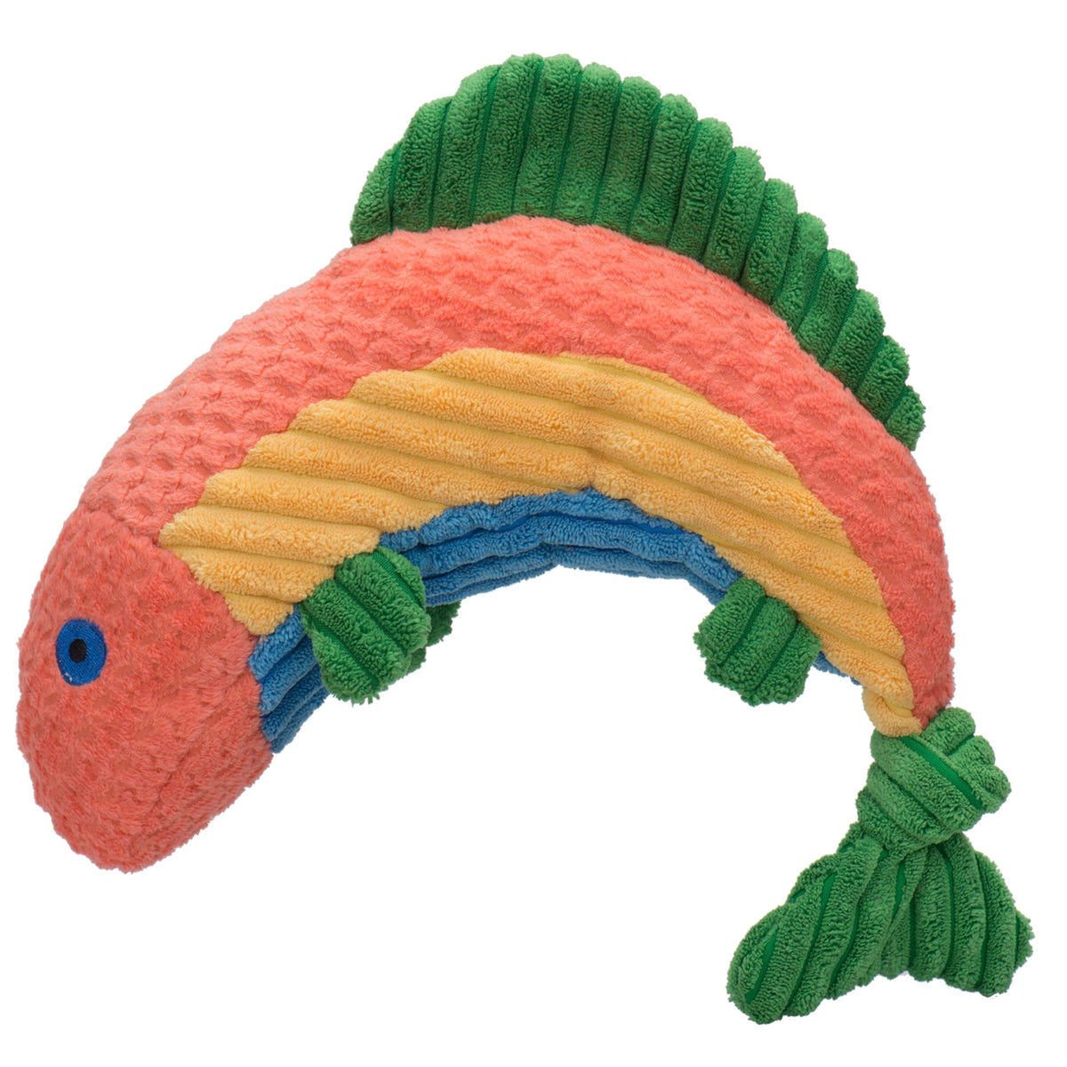 HuggleHounds Knottie Rainbow Trout front view shows durable plush for hours of supervised play