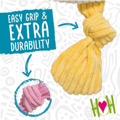 HuggleHounds Knottie variety-pack image shows durable plush toys for dogs of all sizes.