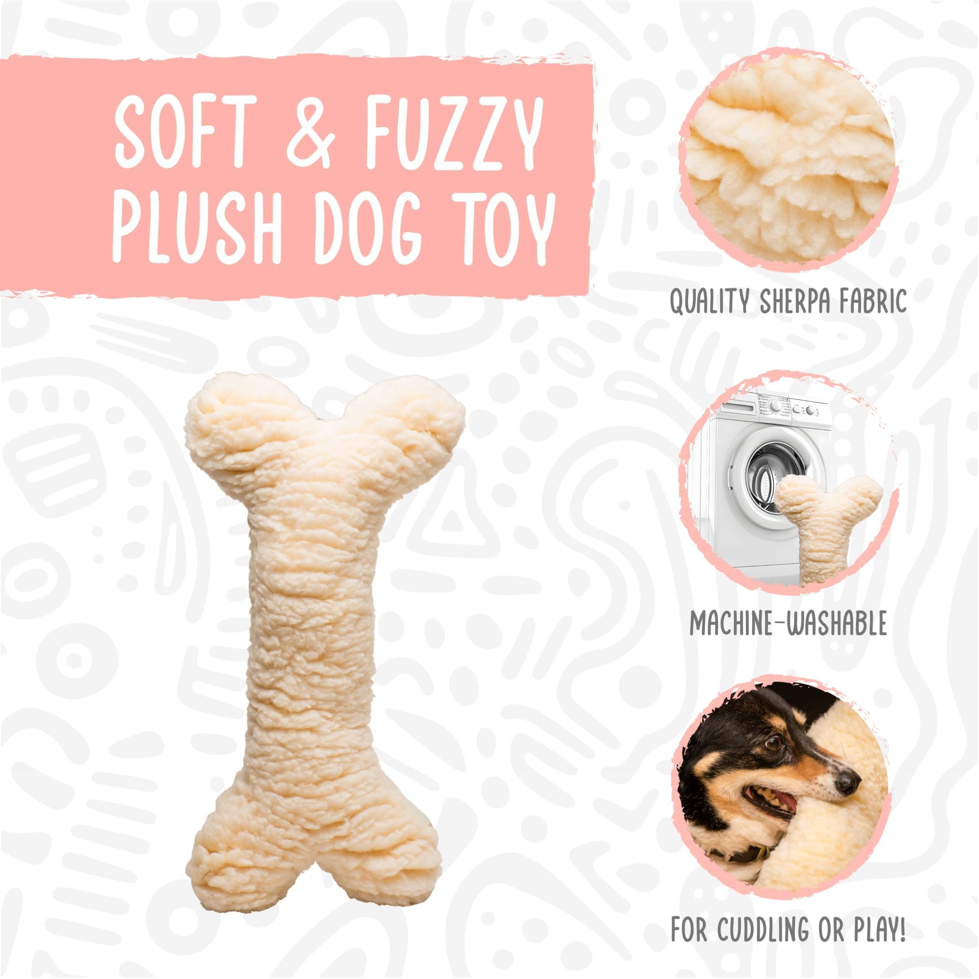 HuggleHounds plush bone toy fleece texture highlights soft, durable fleece for cuddling