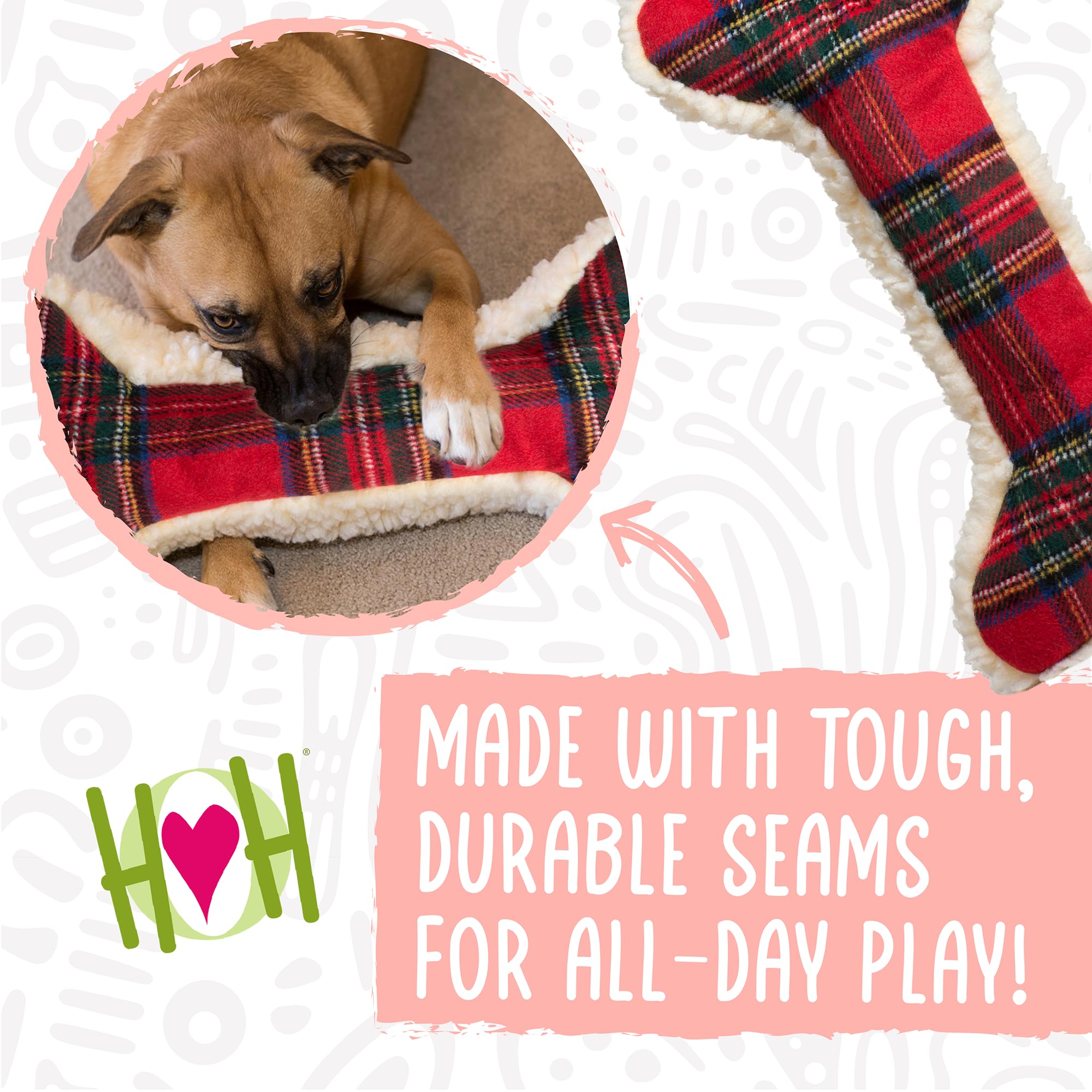 HuggleHounds Tartan Tidings plush bone 24-inch size suits large dogs.