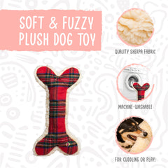 HuggleHounds Tartan Tidings plush bone close-up fleece shows soft, durable fabric.
