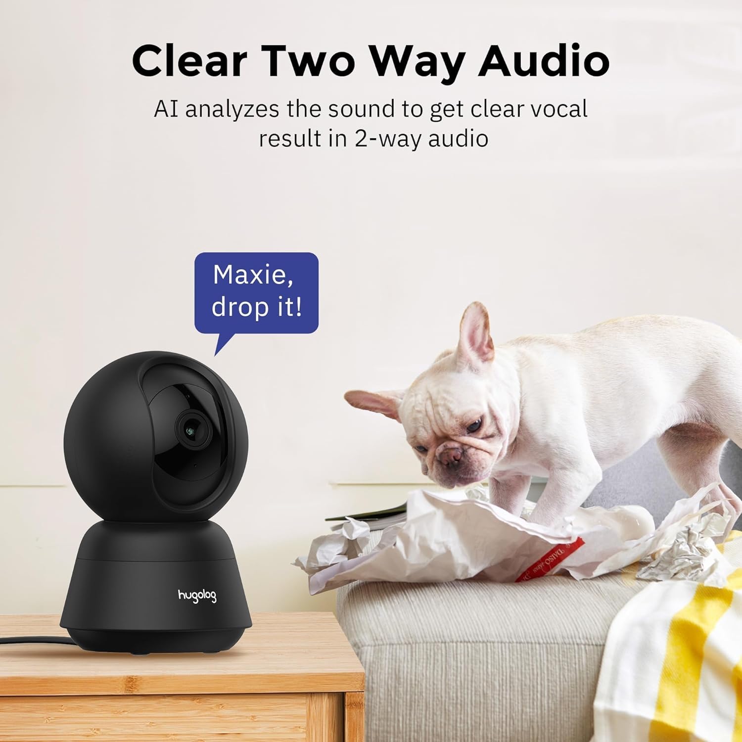 Hugolog 3K 5MP indoor camera ai-tracking follows activity with automatic focus.