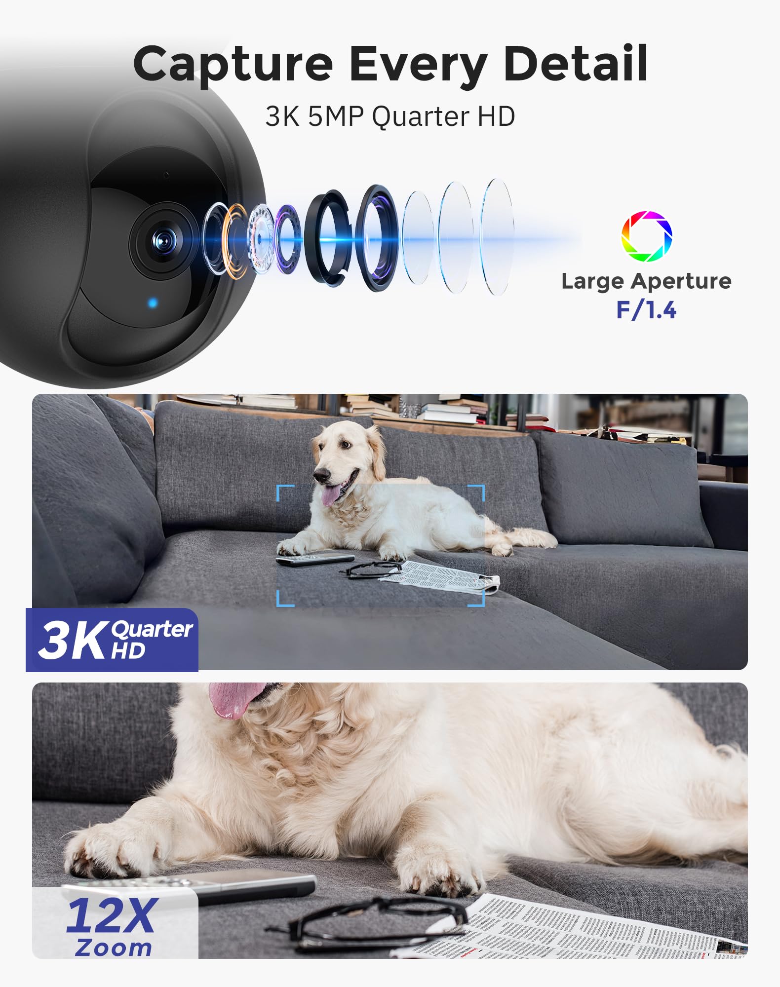 Hugolog 3K 5MP indoor camera two-way audio enables clear family conversations.