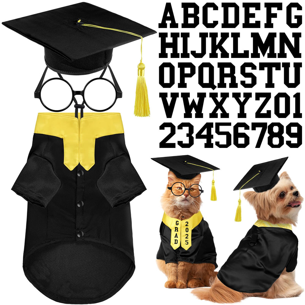 Huhumy dog graduation gown with yellow stole front view for festive pet photos