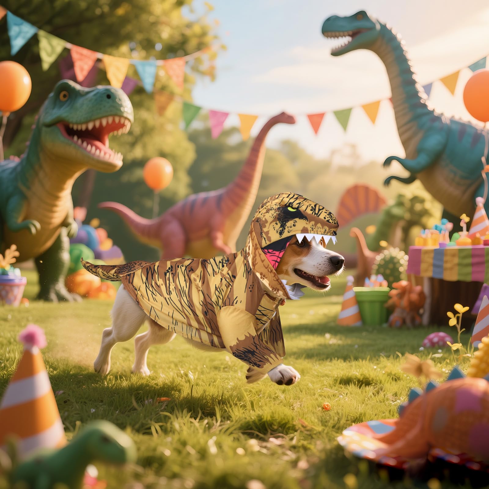 Huhumy T. Rex on-dog parade ready costume worn by dog