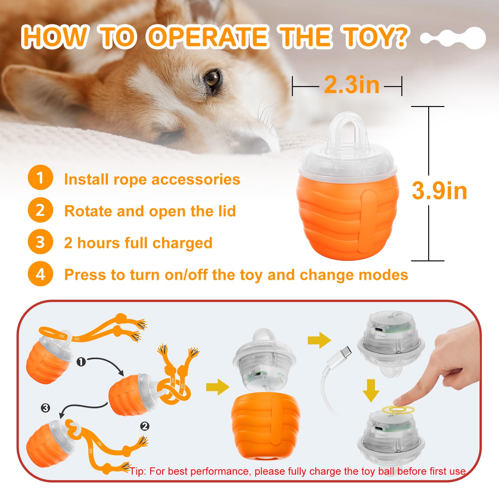 Huimpet Interactive Dog Ball package content includes rope attachments and USB cord