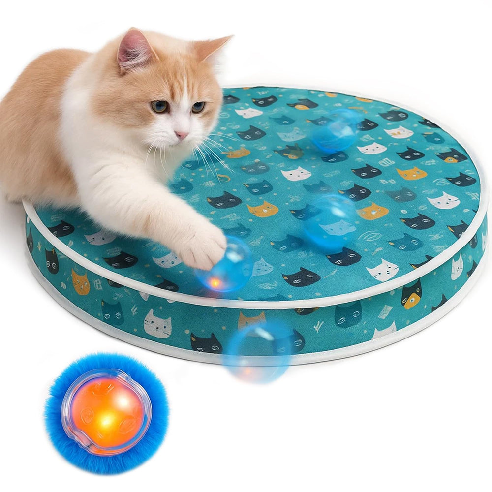 Huimpet interactive cat toy on teal mat with motion balls for indoor enrichment.