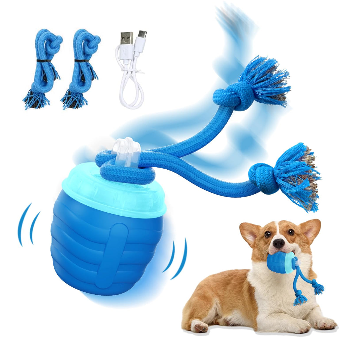 Huimpet interactive dog ball blue front view promotes active play and mental stimulation.