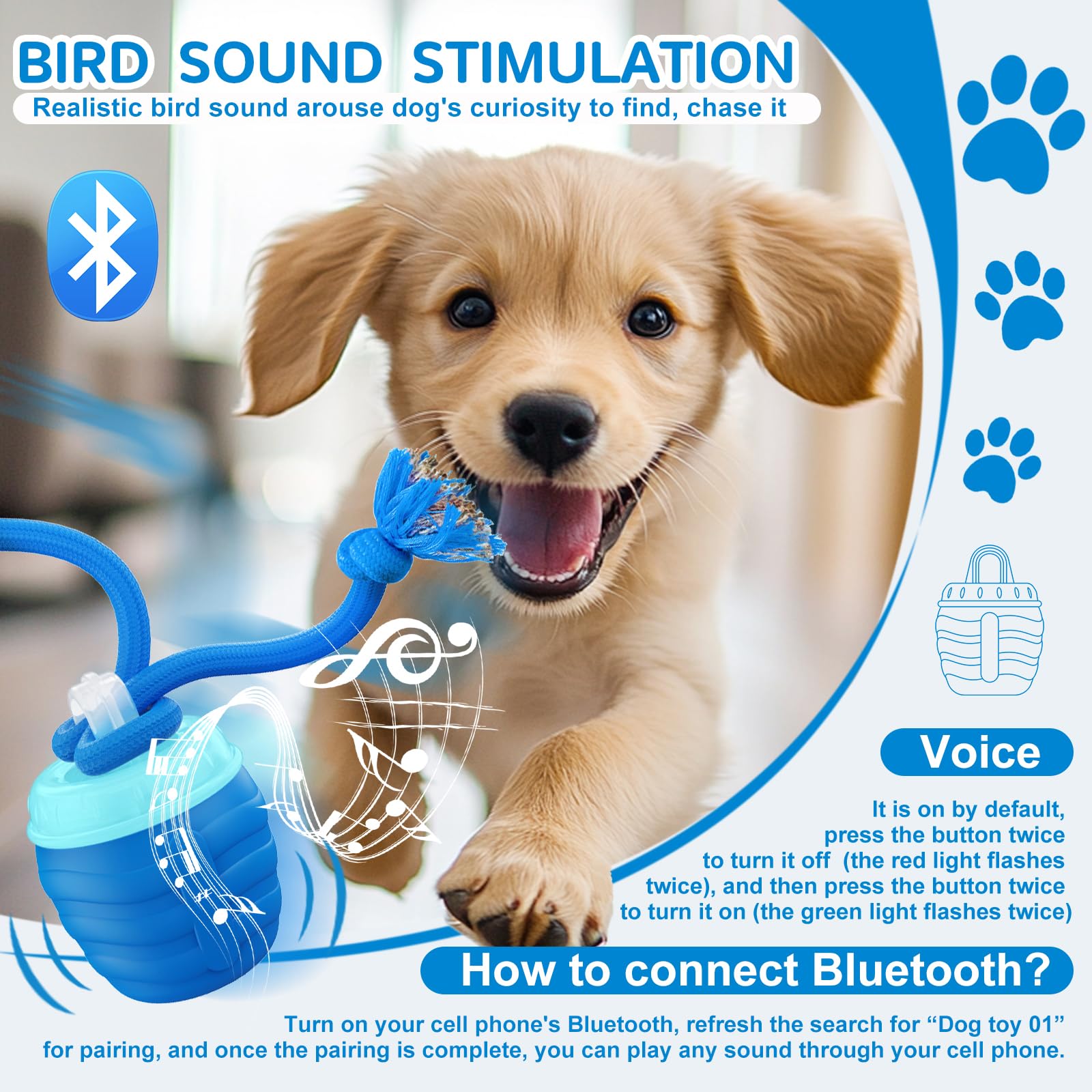 Huimpet interactive dog ball package includes rope attachments and USB-C cable for setup.