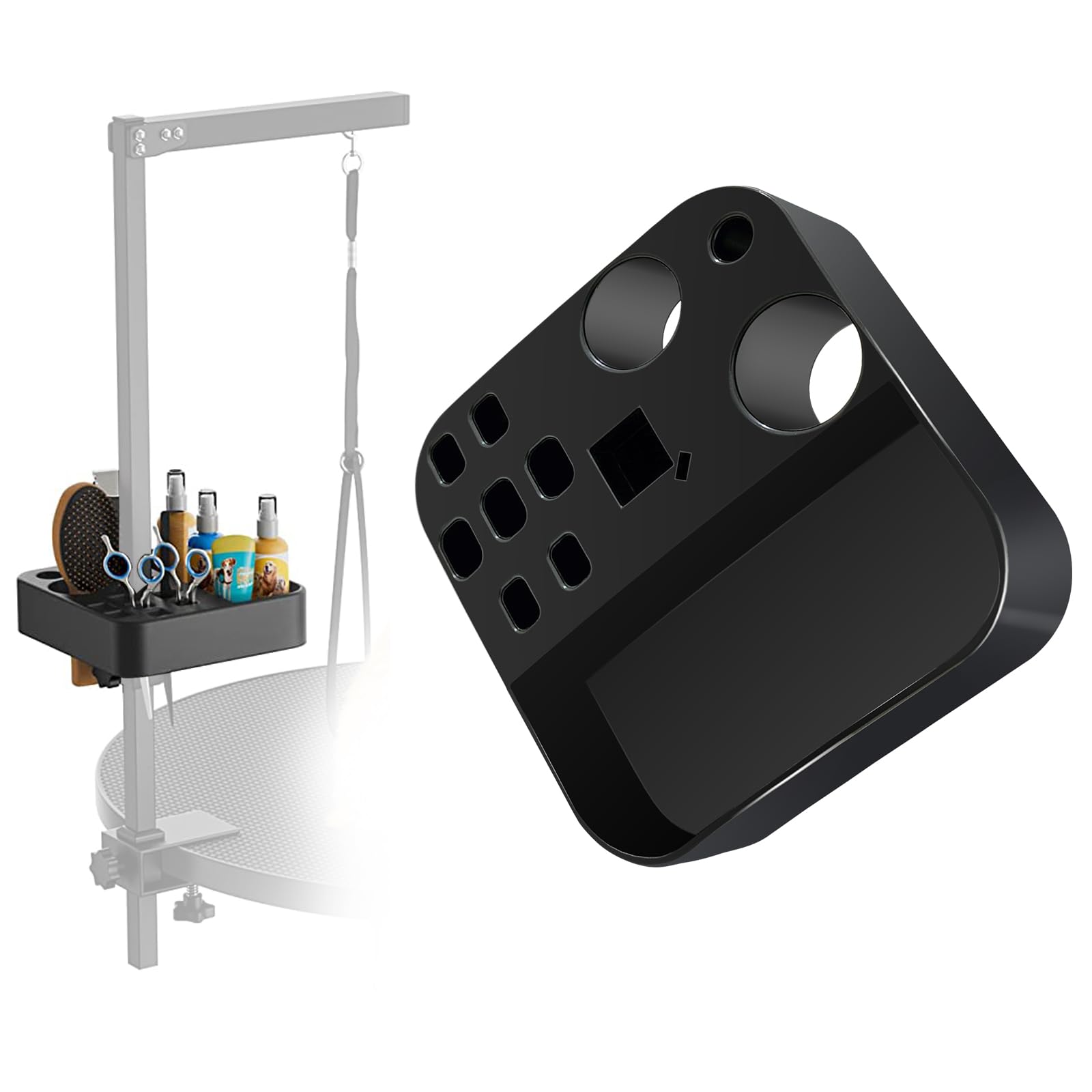 Huioqwe portable grooming holder on table arm enabling quick scissor access.