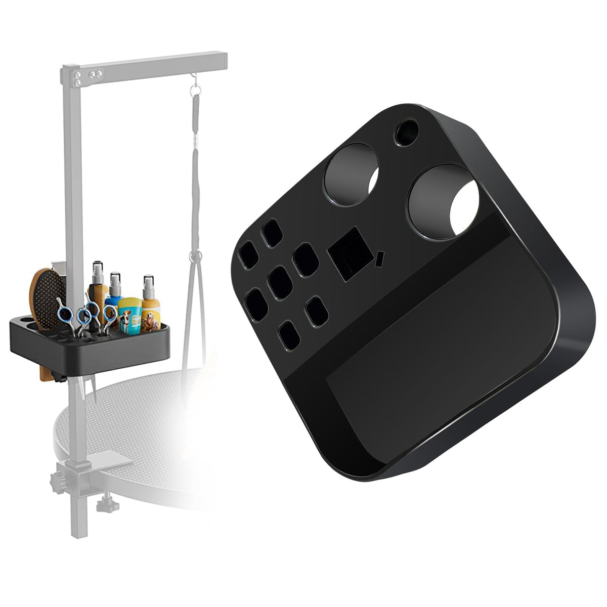 Huioqwe portable grooming holder on table arm enabling quick scissor access.