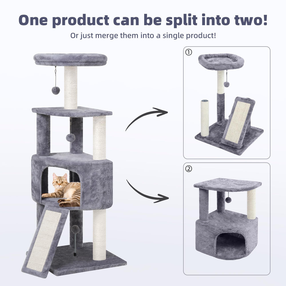 HUITREE cat tree condo offers cozy hideaway for kittens and calm naps.
