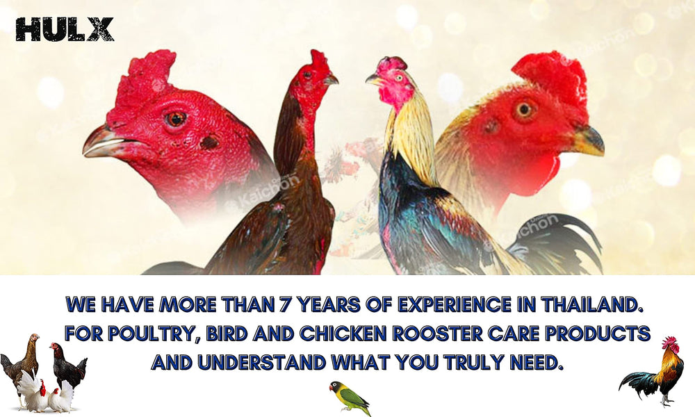 HULX Super Green 10cc bottle with rooster in a farm setting signals practical poultry care.