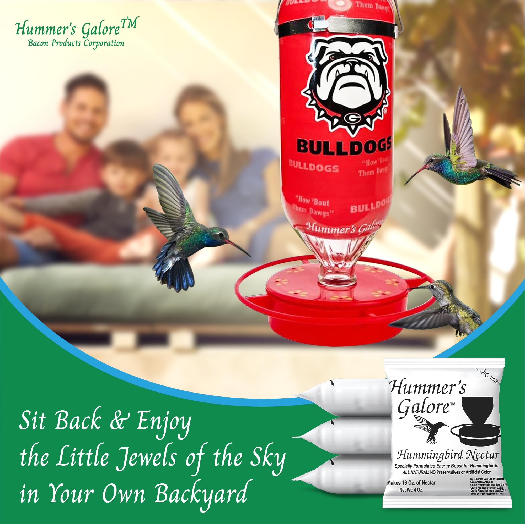Hummer's Galore clear nectar, no preservatives or dyes, safe outdoor feeding.