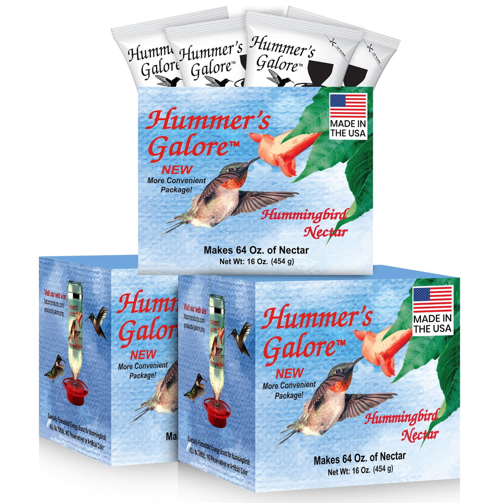 Hummer's Galore hummingbird nectar ready-to-mix packets for easy feeding.