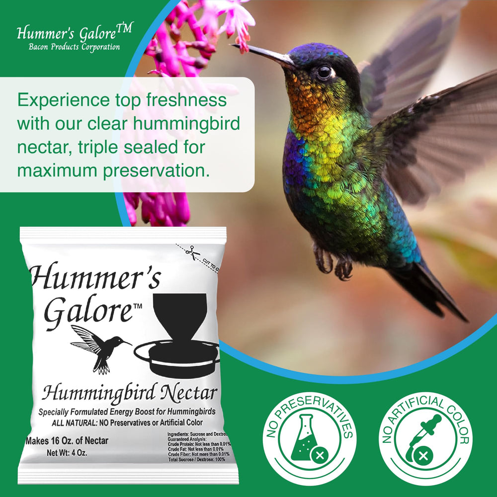 Hummer's Galore nectar pour-ready into feeder for quick setup.