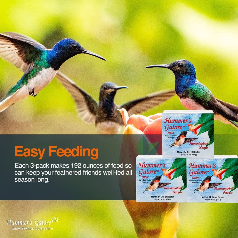 Hummer's Galore pre-measured packets aid consistent feeding without measuring.