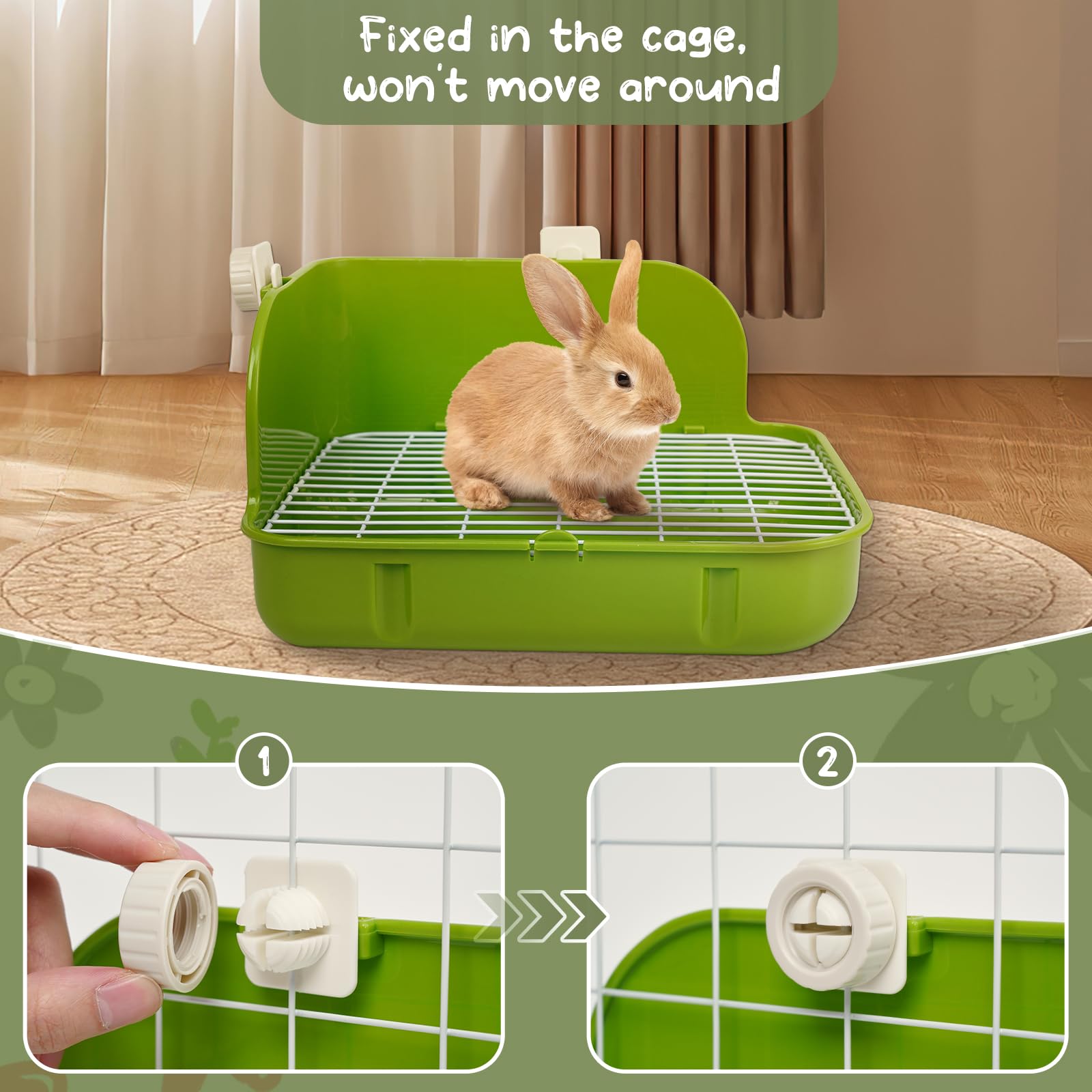 Humorous.P small animal litter box inside cage with attached hooks for secure placement.