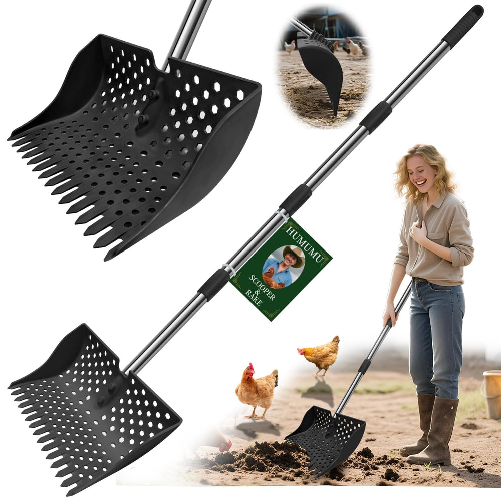 HUMUMU 12-inch 2-in-1 scooper and rake in action for quick coop cleanup