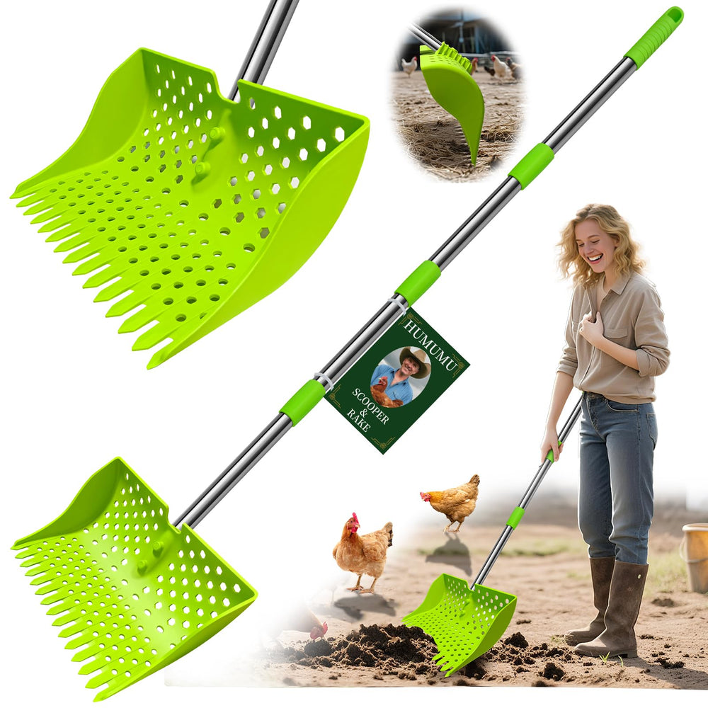 HUMUMU 12-inch 2-in-1 scooper-rake in action for efficient coop cleanup