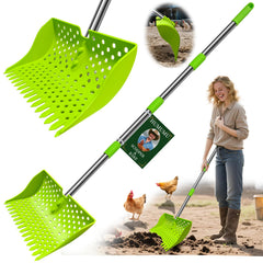 HUMUMU 12-inch 2-in-1 scooper-rake in action for efficient coop cleanup