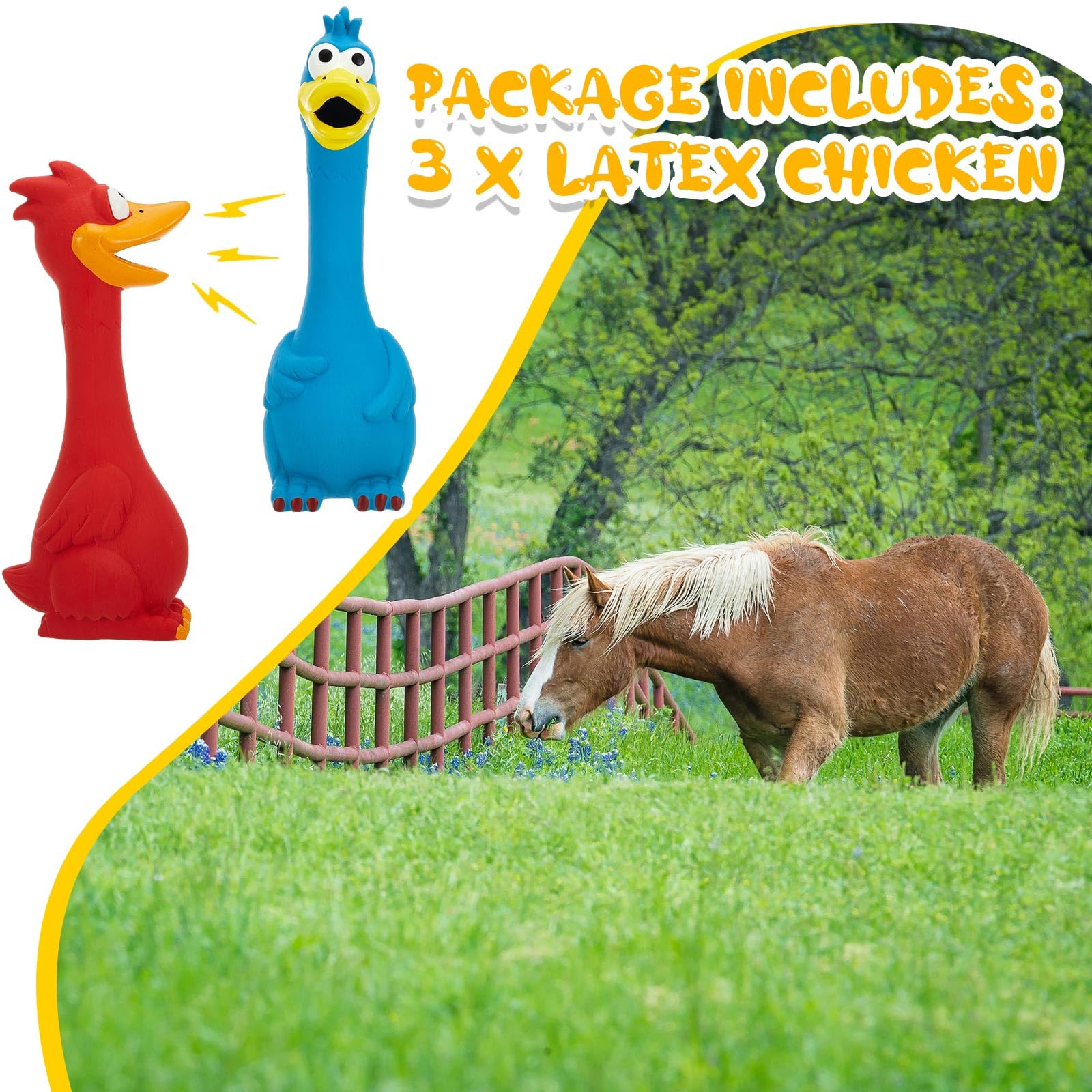 Hungdao yellow chicken squeaky toy for horses, vibrant color for visual stimulation.