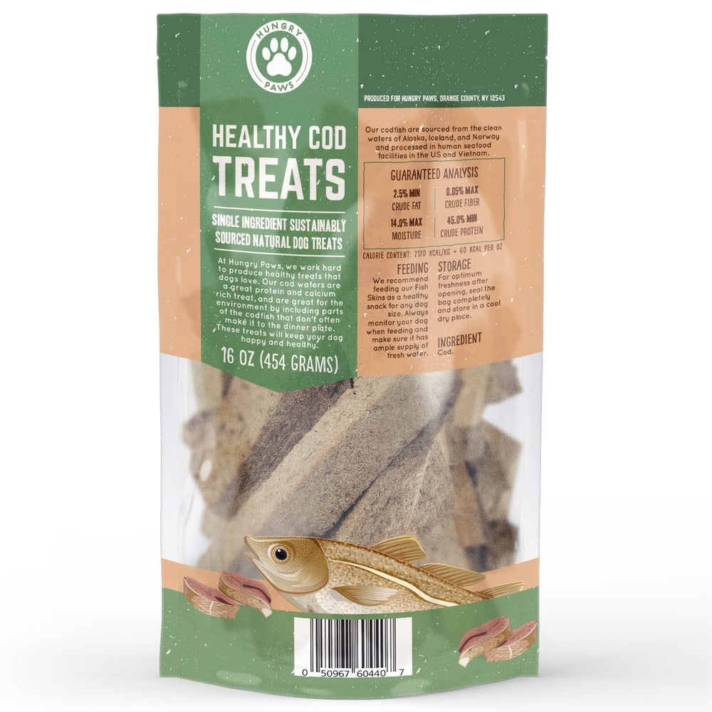 Hungry Paws cod wafers shown in various sizes for training and portion control.