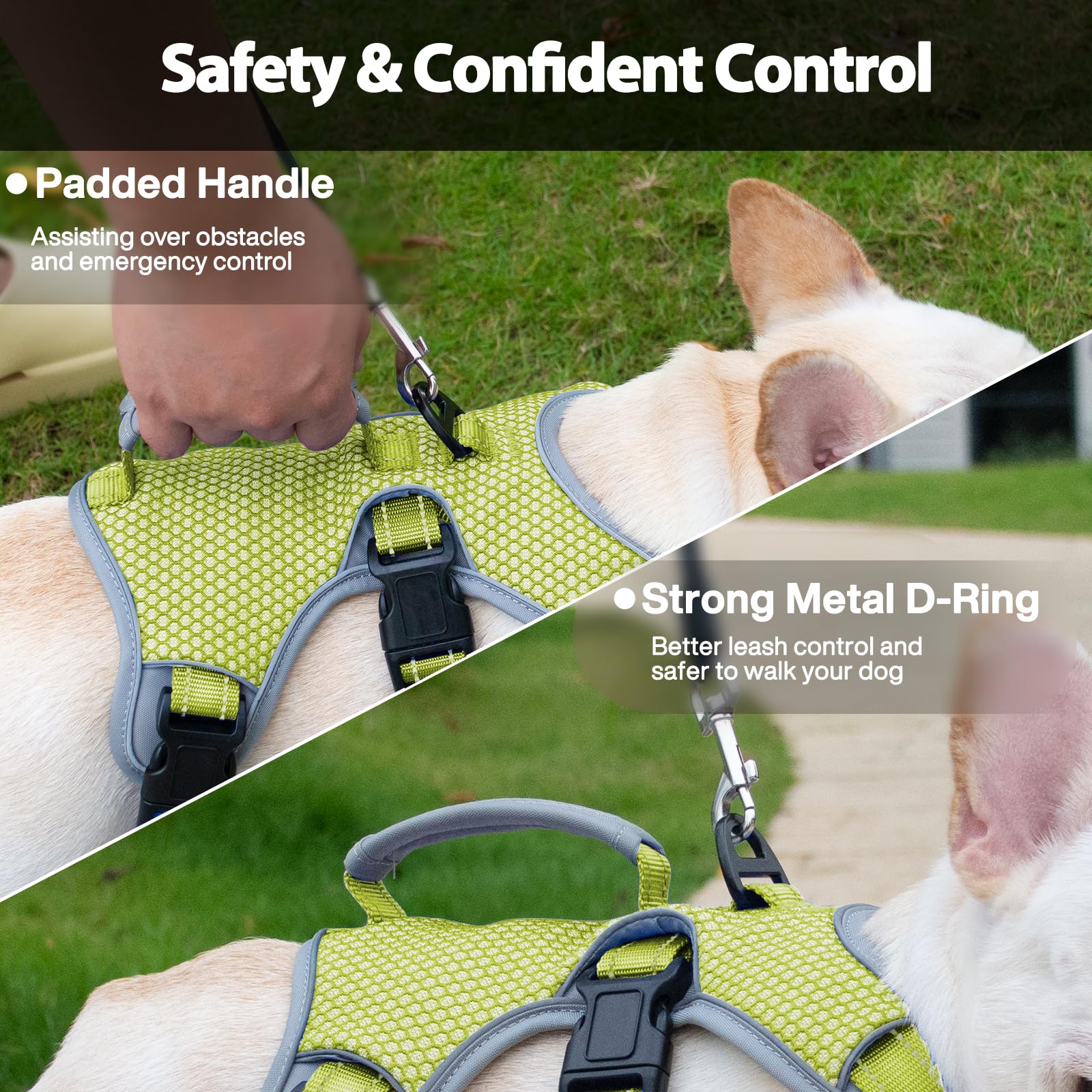 Huntboo escape-proof dog harness adjustment points demonstrates easy sizing