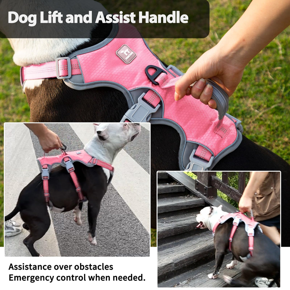 Huntboo harness padded handle enables easy lift and assist over obstacles.