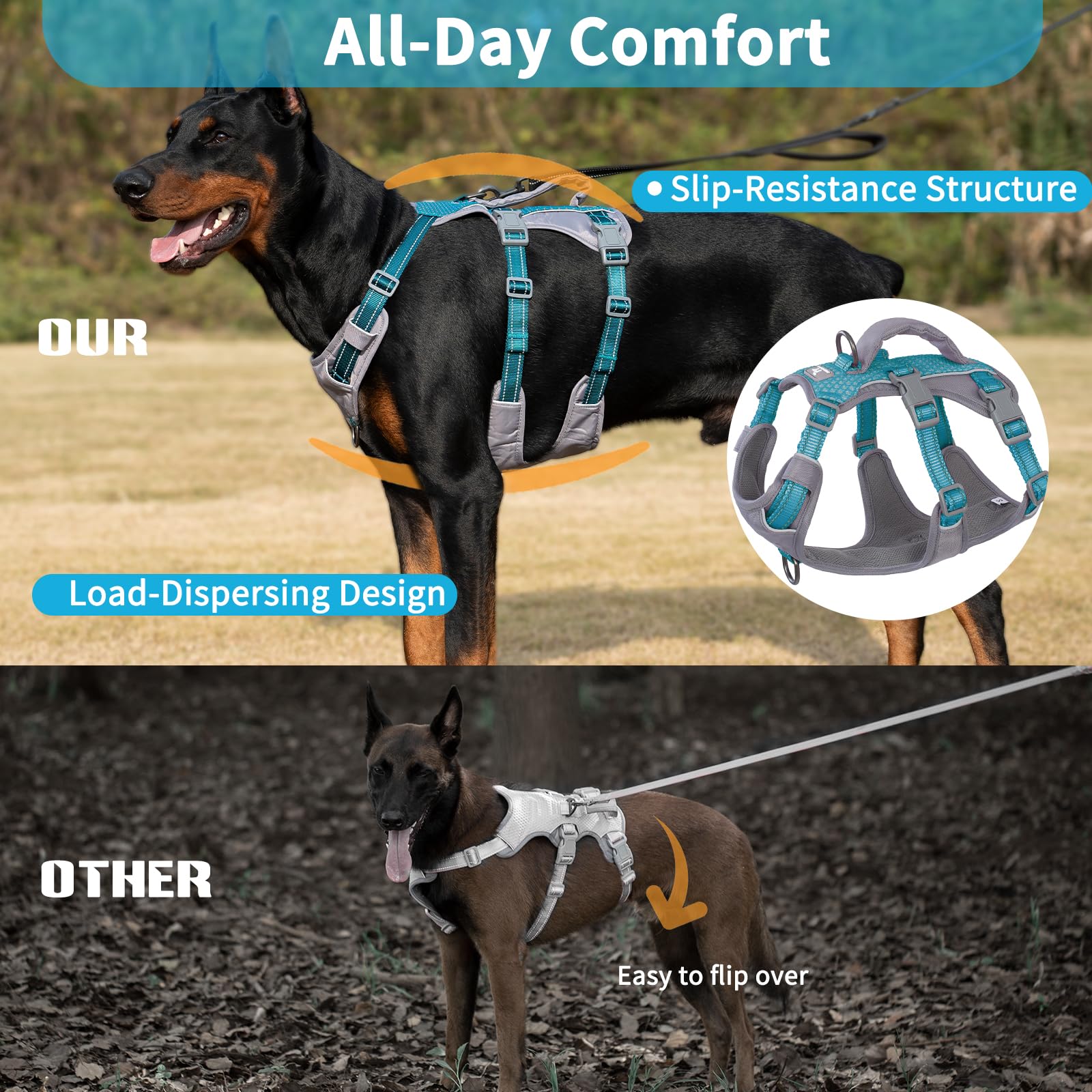Huntboo breathable air mesh harness teal increases comfort on long walks.