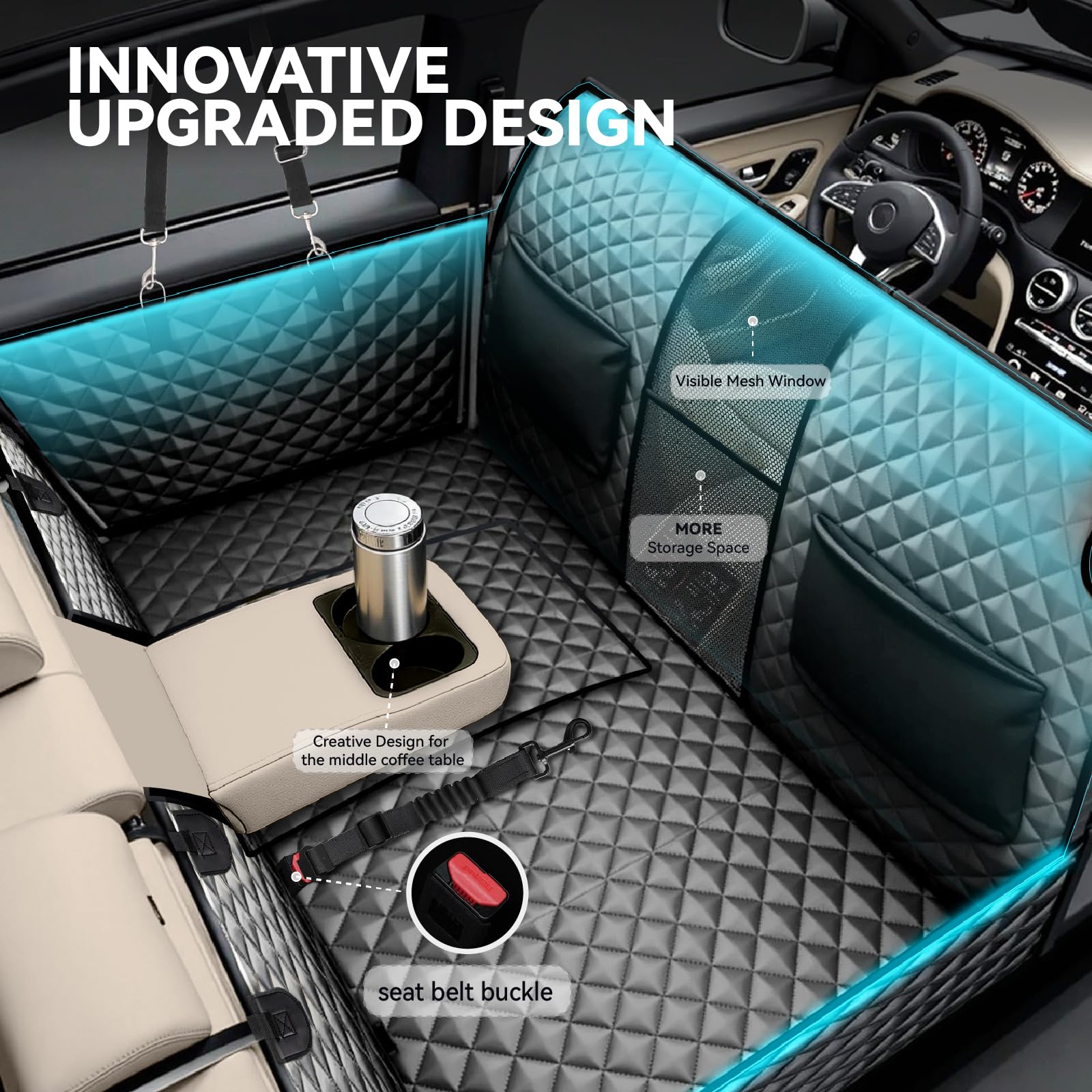 HUOHUOCN center console access with zippers enables seatbelt access and armrest use.