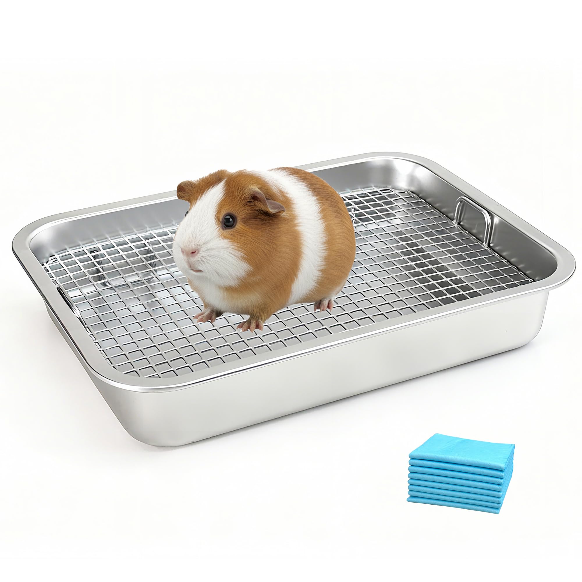 huqizoo stainless steel guinea pig litter box raised grid close-up shows durable rustproof construction.