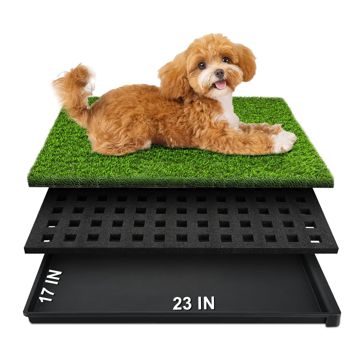 HURENTEK dog grass pad with tray top view shows quick cleanup and odor reduction potential.