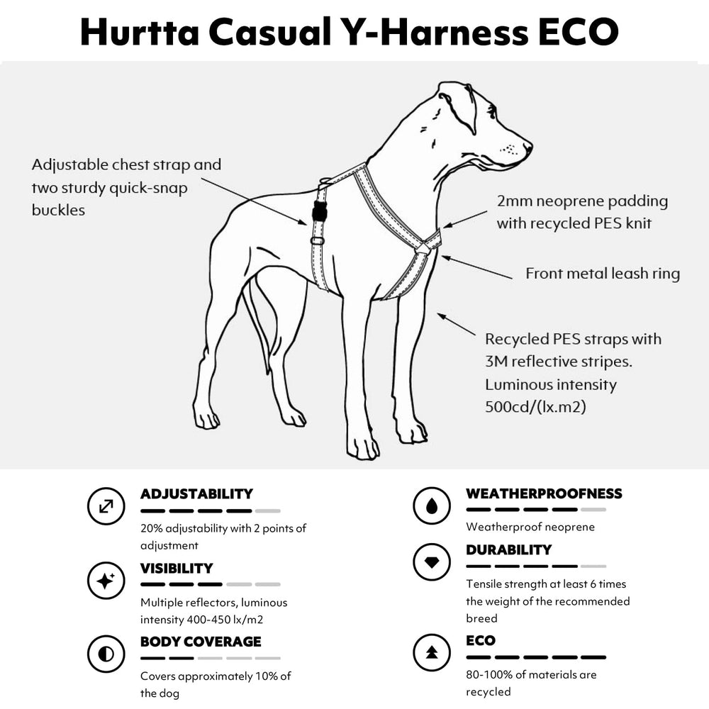 Hurtta Casual ECO Y-Harness Cinnamon side-fit demonstrates adjustable chest for breeds of all sizes