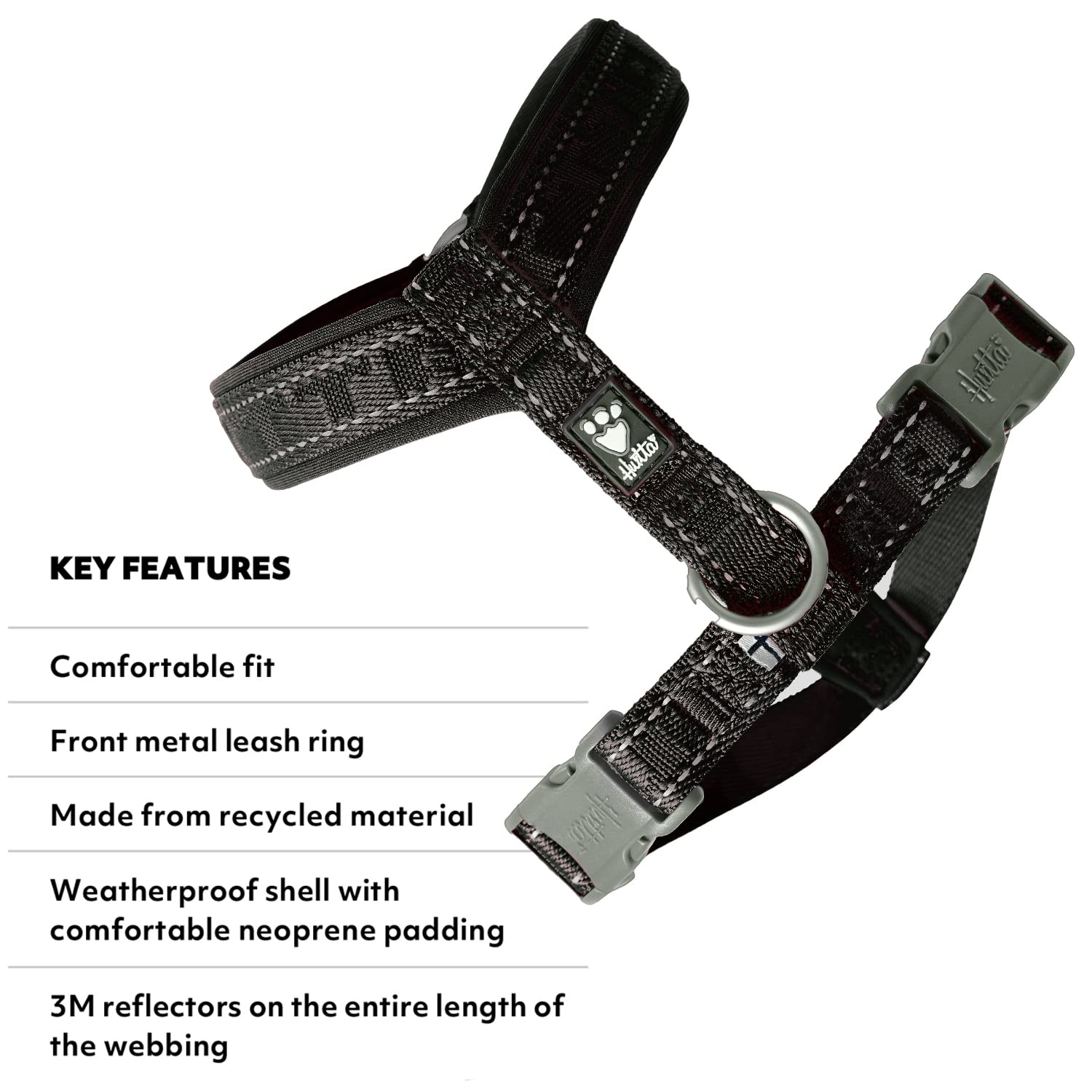Hurtta Casual ECO Y-Harness Raven chest adjustments ensure a secure fit.