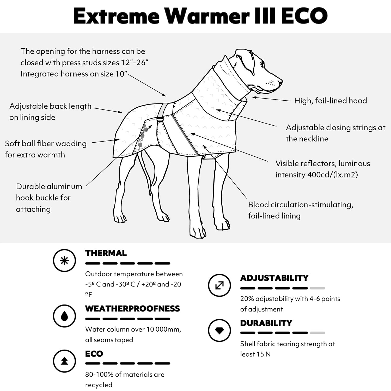 Hurtta Extreme Warmer III ECO hood-up image highlights neck warmth and ear protection.