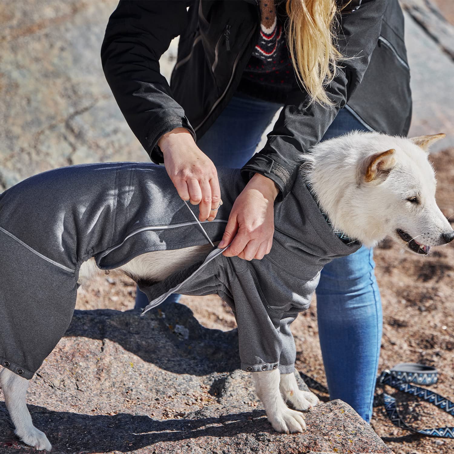 Hurtta Midlayer Overall BlackBerry worn on dog shows layered warmth for chilly walks