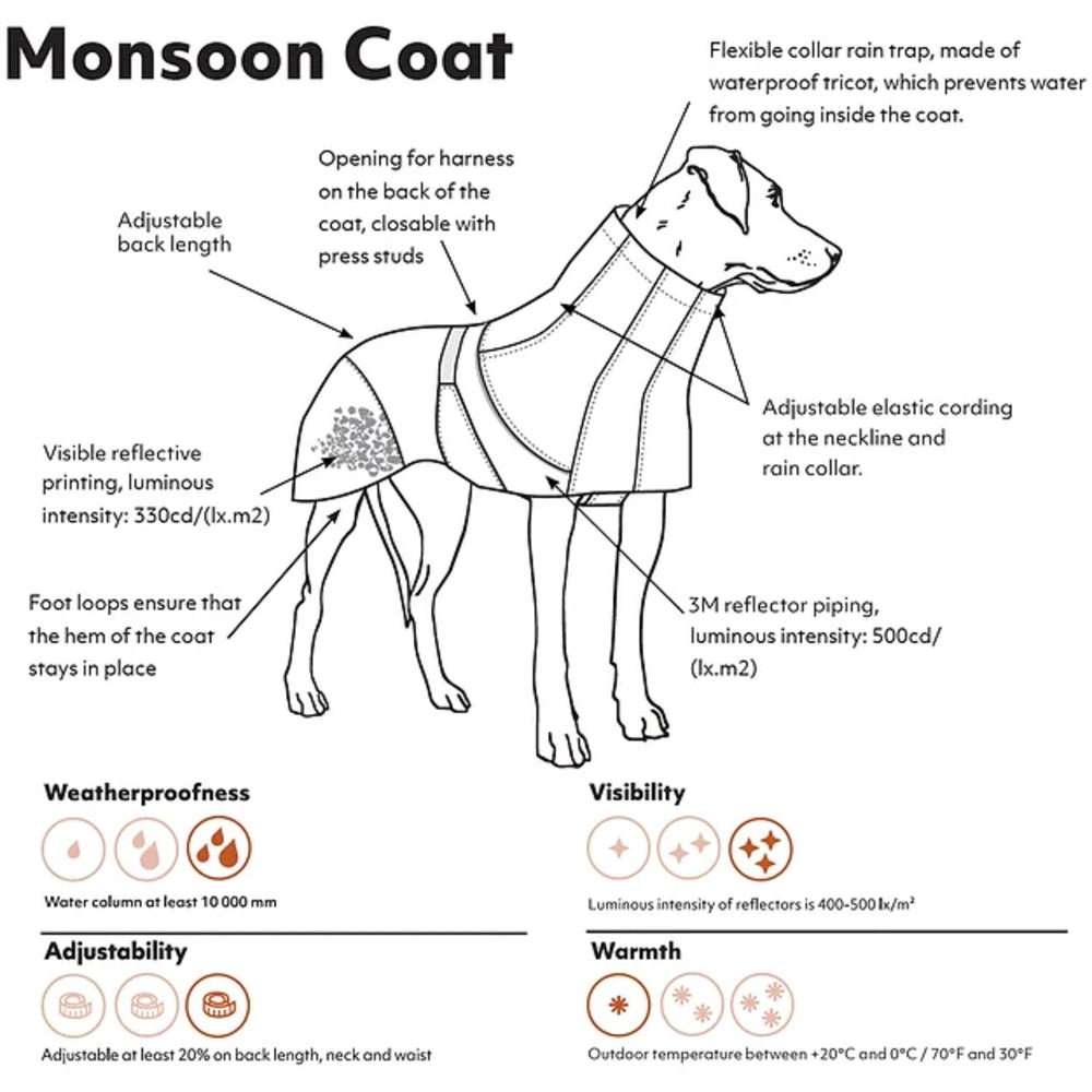 Hurtta Monsoon Coat with belly flap demonstrates secure fit during playful walks