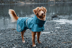 Hurtta Monsoon Coat Bilberry 14in back view highlighting reflective safety details