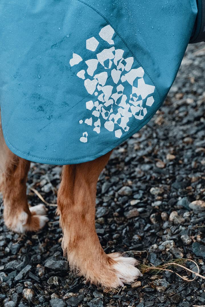 Hurtta Monsoon Coat Bilberry model wearing outdoors in rain shows coverage