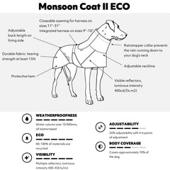 Hurtta Monsoon Coat II ECO reflective piping boosts visibility during dusk walks.